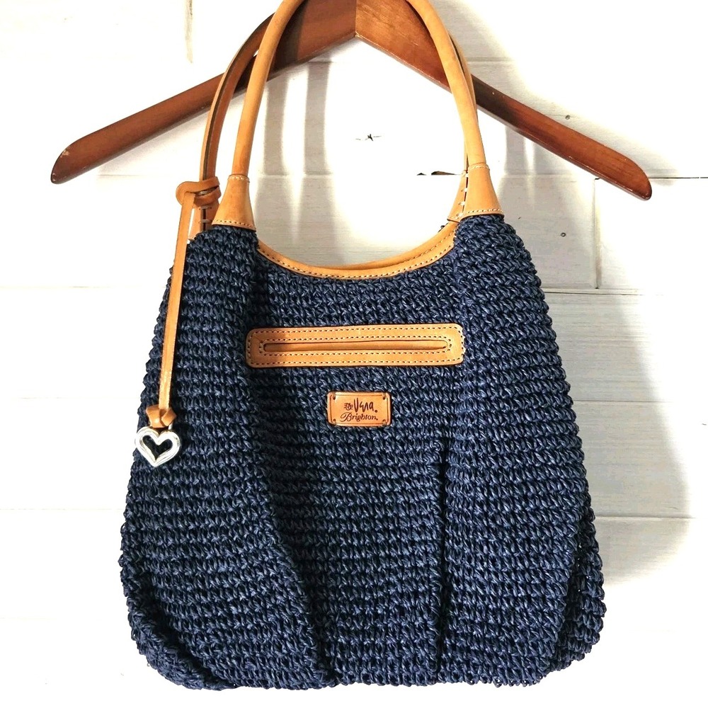 Brighton Vera Neumann Woven Straw Purse Blue Leather Trim Heart Charm Dust Bag